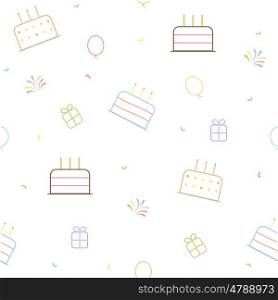 Happy Birthday Background with Cakes, Balloons, Gift Box and Fireworks. Simple Holiday Seamless Pattern. Vector Illustration EPS10