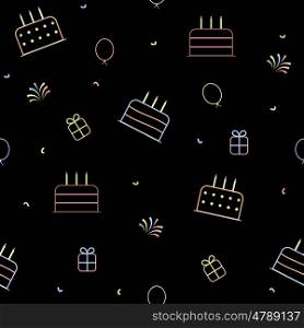 Happy Birthday Background with Cakes, Balloons, Gift Box and Fireworks. Simple Holiday Seamless Pattern. Vector Illustration EPS10