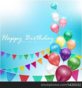 Happy Birthday background with realistic Colorful balloons and bunting flag