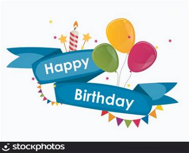 Happy Birthday Background with Ribbon, Balloons, Flags and Candle Vector Illustration