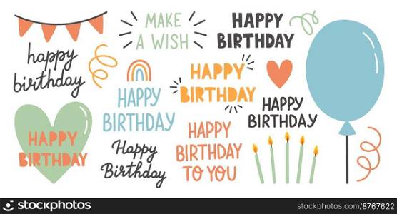 Happy Birthday badge set vector. Design element for greeting cards, banner, print with lettering, candle, balloon