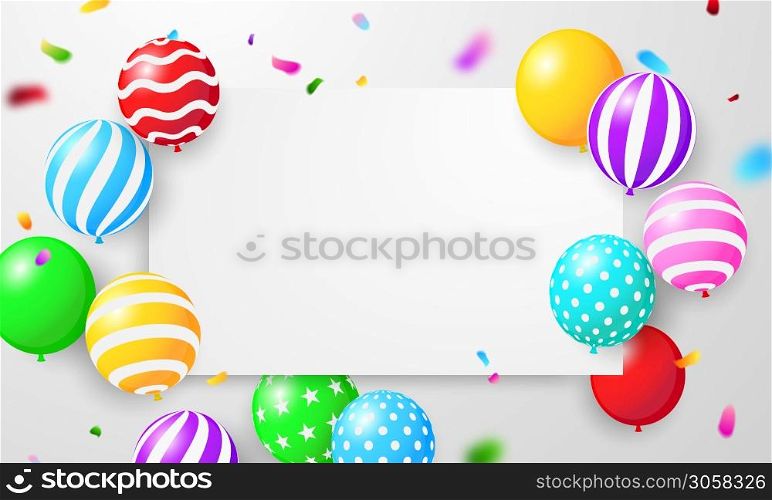 Happy Birthday balloons Colorful celebration frame background with confetti.