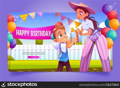 Happy birthday banner with woman gives gift box boy. Vector landing page with cartoon illustration of backyard with green grass, festive decoration, balloons, flags and cute child. Happy birthday banner with woman give gift box boy