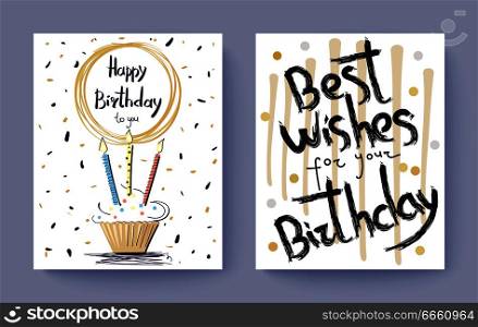 Happy Birthday best wishes congratulation postcard with cake decorated with candles in cream. Vector illustration with confetti and doodles on background. Happy Birthday Best Wishes Congratulation Postcard