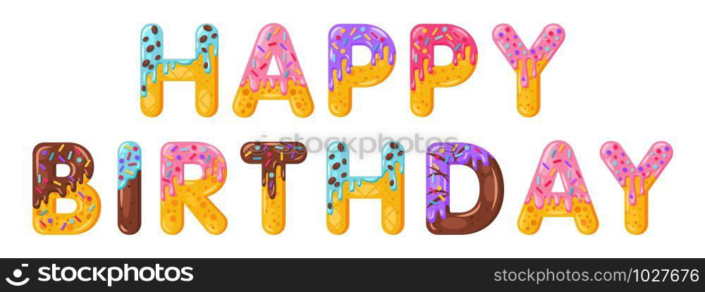 Happy birthday biscuit vector lettering. Glazed gingerbread inscription. Tempting flat design typography. Cookies letters phrase isolated on white. Biscuit word greeting card, banner element