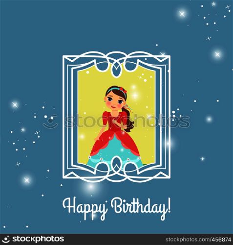 Happy Birthday blue and yellow greeting card with fairy princess. Vector illustration. Happy Birthday blue princess card