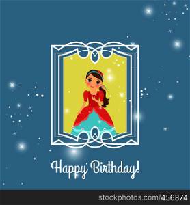 Happy Birthday blue and yellow greeting card with fairy princess. Vector illustration. Happy Birthday blue princess card