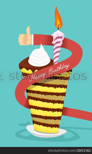 Happy birthday cake. Greetings from a man. The hand gives the cake. Vector illustration