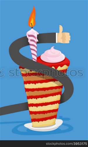 Happy Birthday Cake with candle. businessman Hand around the cake. Vector illustration
