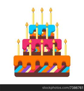Happy Birthday cake with candles. Festive icon or illustration.. Happy Birthday cake with candles.