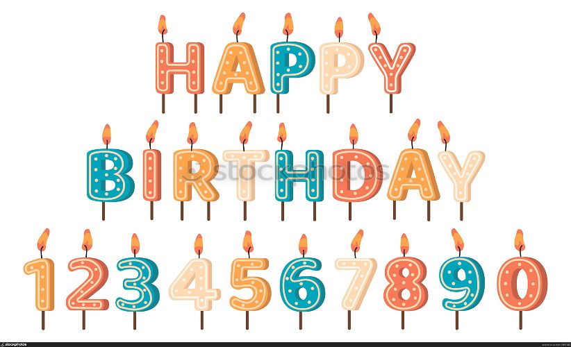 Happy Birthday candles. Birthday Party letters and numbers wax candles, anniversary holiday cute birthday cake candles vector illustration set. Decoration for holiday celebration, surprise event. Happy Birthday candles. Birthday Party letters and numbers wax candles, anniversary holiday cute birthday cake candles vector illustration set