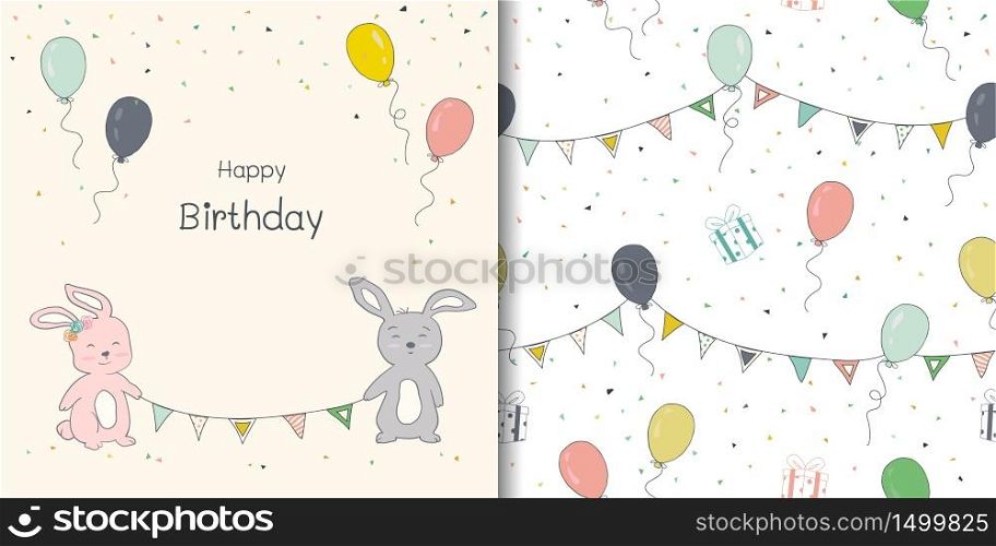 Happy Birthday card and seamless pattern,hand drawn colorful balloons,cute bunny,confetti with bunting for decorative,fabric,textile,print or wrapping paper,vector illustration