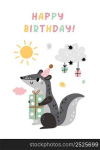 Happy birthday card. Cute forest animal with gift box isolated on white background. Happy birthday card. Cute forest animal with gift box