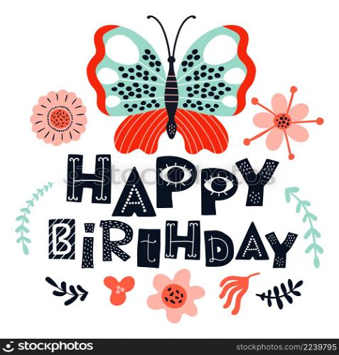 Happy birthday card. Cute ornate banner with flowers and butterfly isolated on white background. Happy birthday card. Cute ornate banner with flowers and butterfly