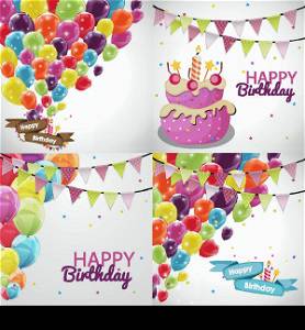 Happy Birthday Card Template with Balloons and Flags Collection Set Vector Illustration EPS10. Happy Birthday Card Template with Balloons and Flags Collection
