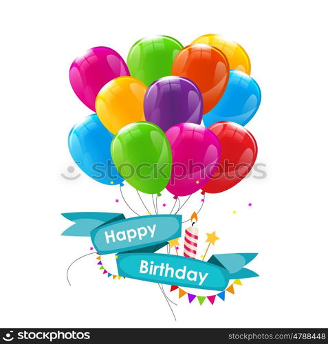 Happy Birthday Card Template with Balloons, Ribbon and Candle Vector Illustration EPS10