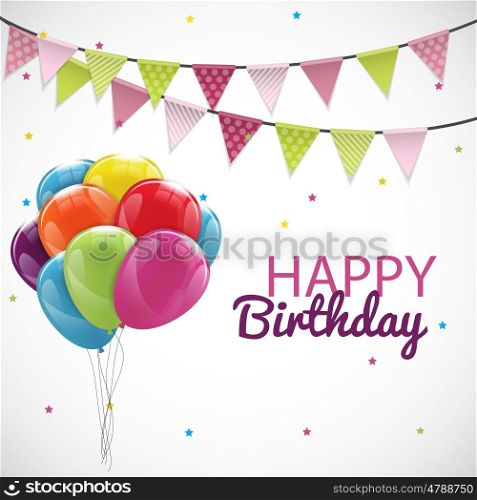 Happy Birthday Card Template with Balloons, Ribbon and Candle Vector Illustration EPS10