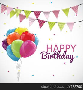 Happy Birthday Card Template with Balloons, Ribbon and Candle Vector Illustration EPS10