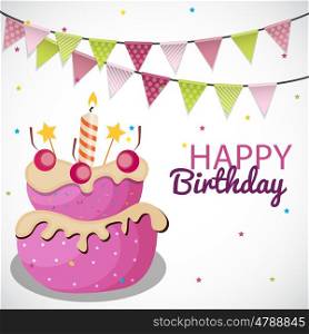 Happy Birthday Card Template with Balloons, Ribbon and Candle Vector Illustration EPS10