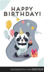 Happy birthday card with a funny panda. Kid postcard, poster, cover, greeting card