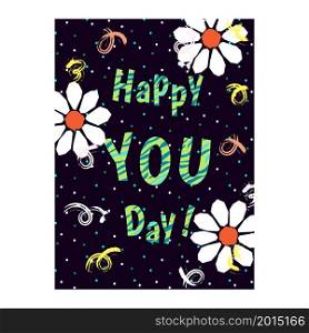 Happy Birthday card with bright bold flowers template in 2 color red and pink variants. Happy You Day greeting card with camomiles.. Happy Birthday card with bright bold flowers template in 2 color variants