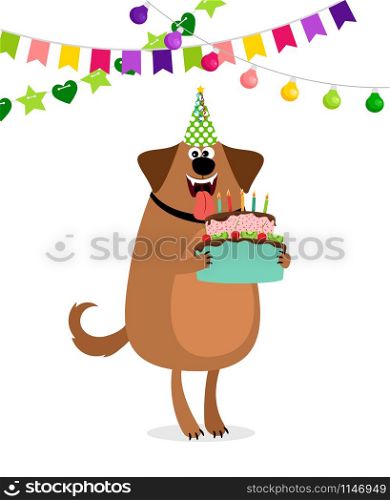 Happy birthday card with cartoon dog, cake and bounting flags garland, vector illustration. Cartoon dog and cake birthday card