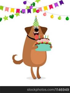 Happy birthday card with cartoon dog, cake and bounting flags garland, vector illustration. Cartoon dog and cake birthday card