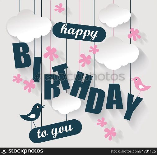 Happy birthday card with clouds and birds. Vector holiday illustration.