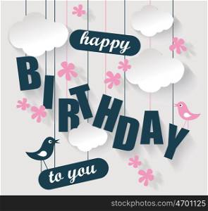 Happy birthday card with clouds and birds. Vector holiday illustration.