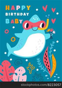 Happy birthday card with cute baby shark underwater. Vector illustration. Happy birthday card with cute baby shark underwater