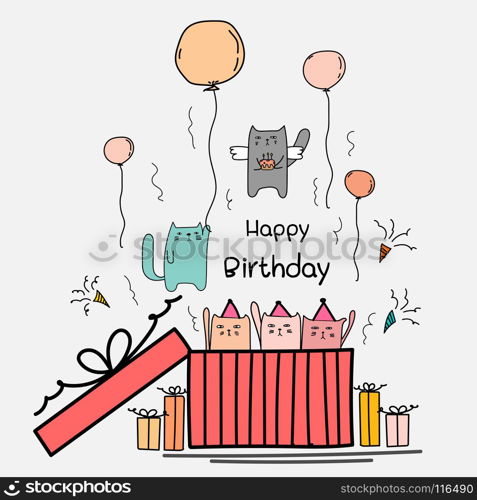 Happy Birthday Card With Cute Cat In The Big Gift Box. Angels Cat Holding A Cake And Cat Hanging Up In The Air With The Balloons. Hand Drawn Vector Illustration.