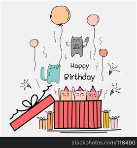 Happy Birthday Card With Cute Cat In The Big Gift Box. Angels Cat Holding A Cake And Cat Hanging Up In The Air With The Balloons. Hand Drawn Vector Illustration.