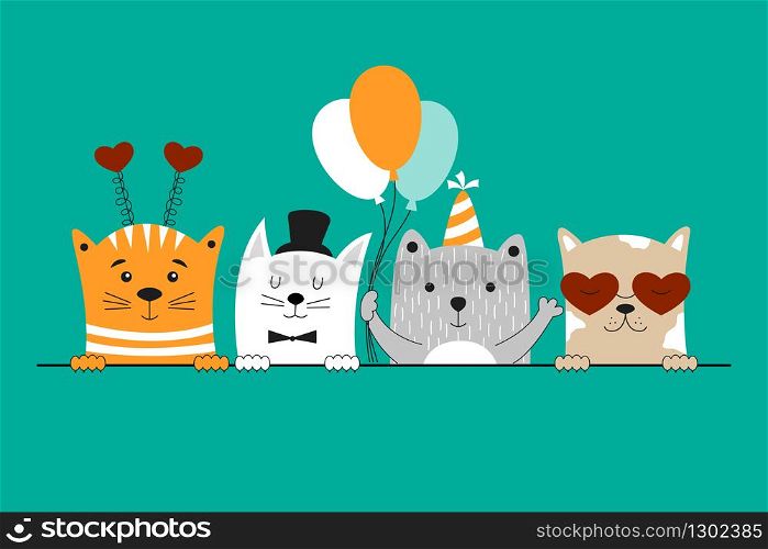 Happy birthday card with cute cats. Birthday party invitation card. Vector illustration for banner, poster, postcard.