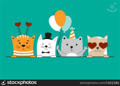 Happy birthday card with cute cats. Birthday party invitation card. Vector illustration for banner, poster, postcard.