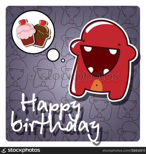 Happy birthday card with cute colorful monster, vector