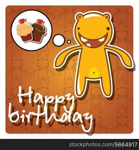 Happy birthday card with cute colorful monster, vector