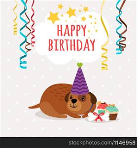 Happy birthday card with cute dog, cupcakes and serpentine, vector illustration. Cute dog and cupcakes birthday card