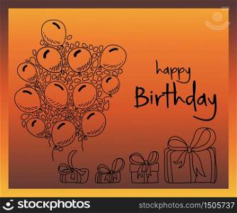 Happy birthday card with doodle balloons and gift boxes.Vector