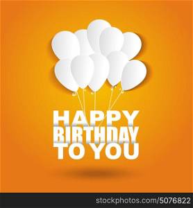 Happy birthday card with flat white letters and ballons on bright background, vector illustration.