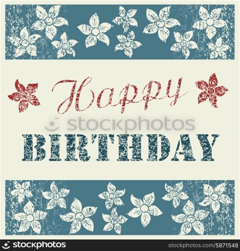 Happy Birthday Card with floral composition on natural clean denim texture, blue jeans background with flowers