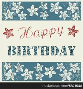 Happy Birthday Card with floral composition on natural clean denim texture, blue jeans background with flowers