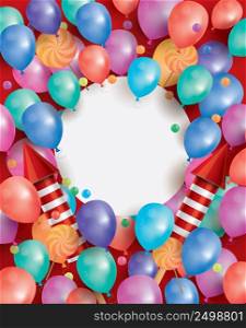 Happy Birthday Card with Flying Balloons, Red Rockets, Lollipops and Copy Space. Vector Illustration.