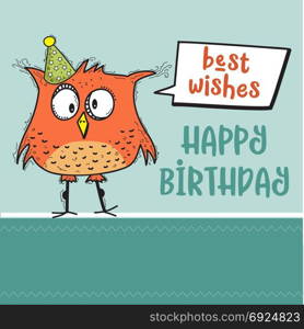 happy birthday card with funny doodle bird, vector format