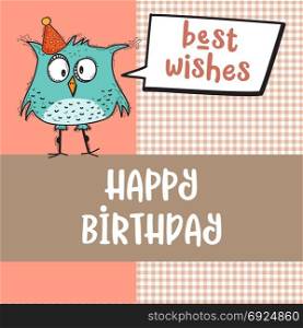 happy birthday card with funny doodle bird, vector format