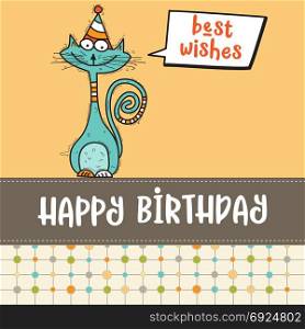 happy birthday card with funny doodle cat, vector format