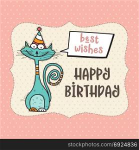 happy birthday card with funny doodle cat, vector format