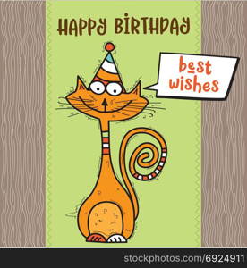 happy birthday card with funny doodle cat, vector format