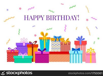 Happy birthday card with gift boxes. Celebratory party greeting poster with colorful confetti, ribbon bows, flat vector banner. Illustration birthday gift box pile, celebration and festive holiday. Happy birthday card with gift boxes. Celebratory party greeting poster with colorful confetti, ribbon bows, flat vector banner