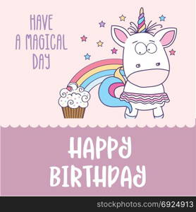 happy birthday card with lovely baby girl unicorn, vector format