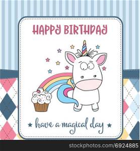 happy birthday card with lovely baby unicorn, vector format